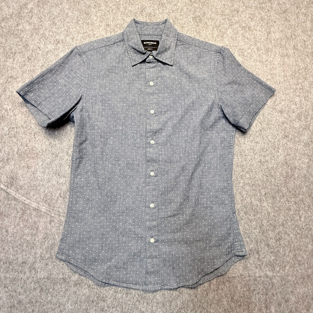 Bonobos Tailored Fit Shirt Mens Medium Blue White Polka Dot Short Sleeve Stretch